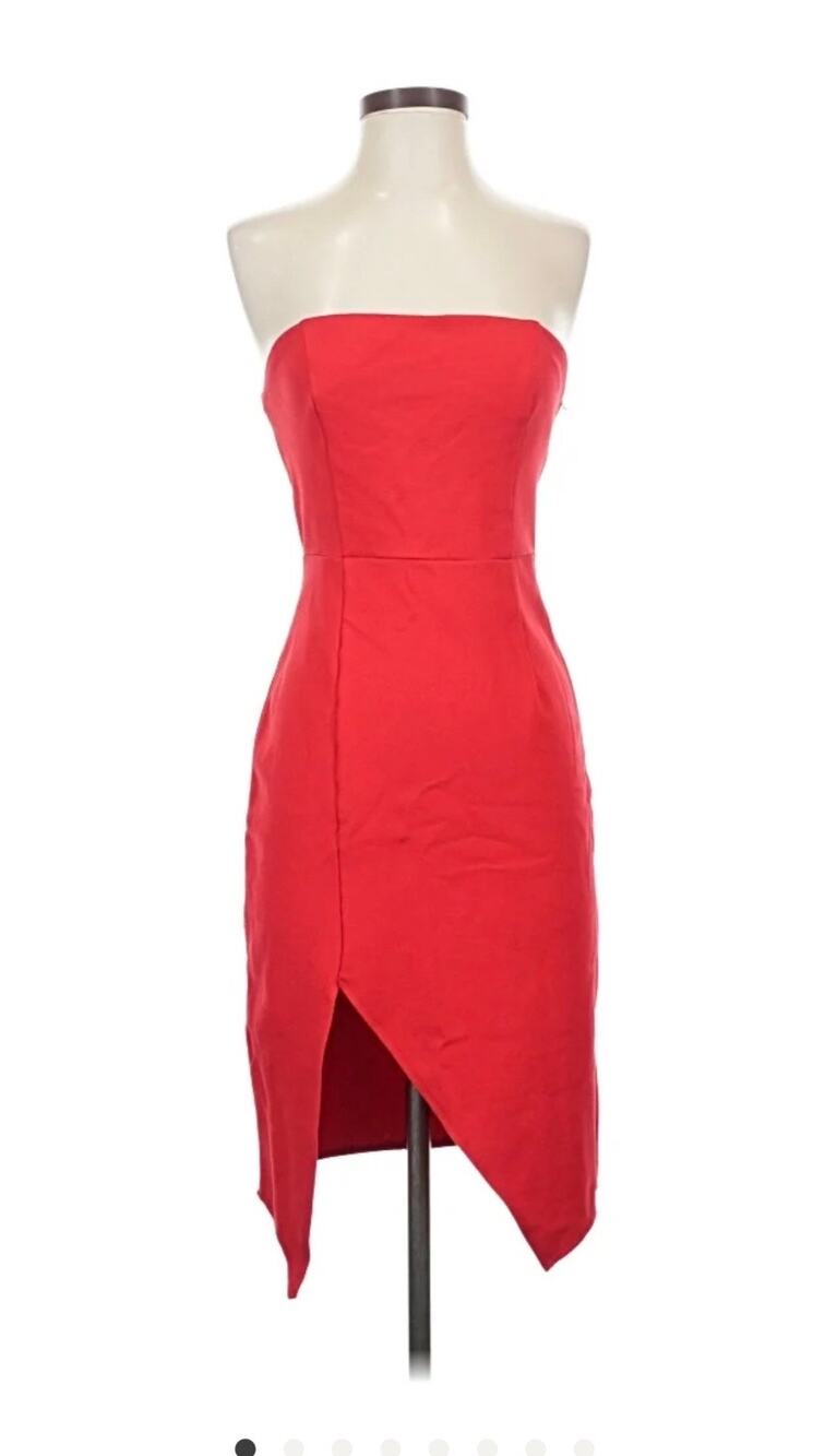 Lulus Women’s Medium Red Strapless Midi Dress Slit Asymmetrical Hem Cocktail